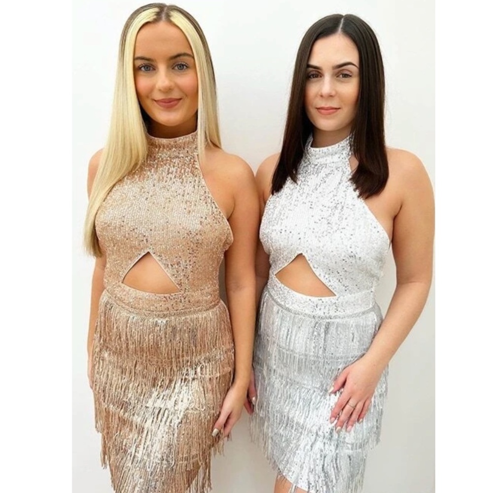 Silver Sequined Tassel Cut Out Mini Short Dress Halter Neck - Picture 7 of 8